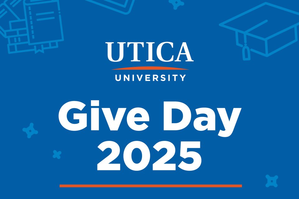Blue Background with Utica University logo and words Give Day 2025